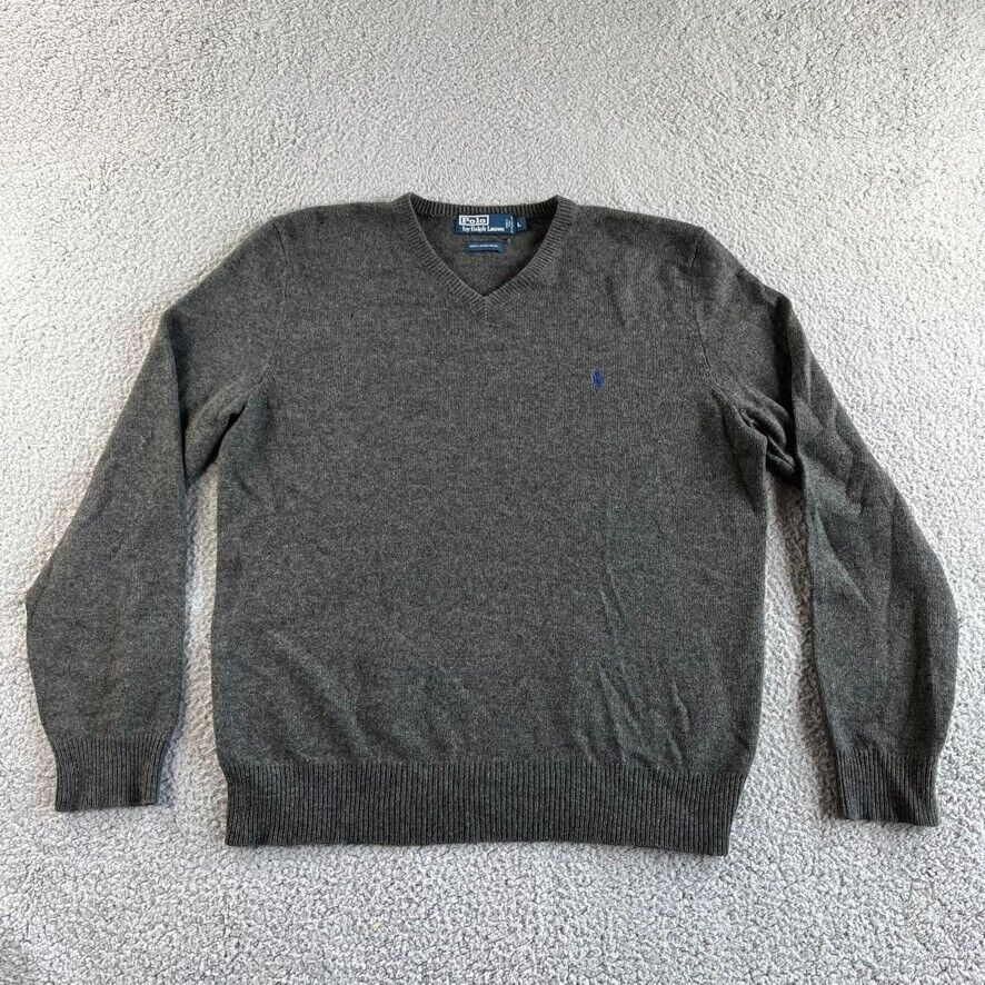 Ralph Lauren Polo Sweater Mens Large Gray Italian Yarn Lambs Wool V Neck Read